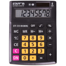 Калькулятор настольный компактный Staff (Стафф) PLUS STF-222, 8 разрядов, двойное питание, цвет чёрный, 138x103 мм