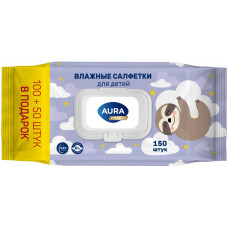 Салфетки влажные AURA (АУРА) для детей Premium с клапаном, 150 шт
