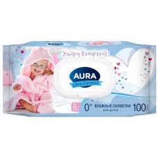 Детские влажные салфетки Aura (Аура) Ultra Comfort, с крышкой, 100 шт Детские влажные салфетки Aura (Аура) Ultra Comfort, с крышкой, 100 шт