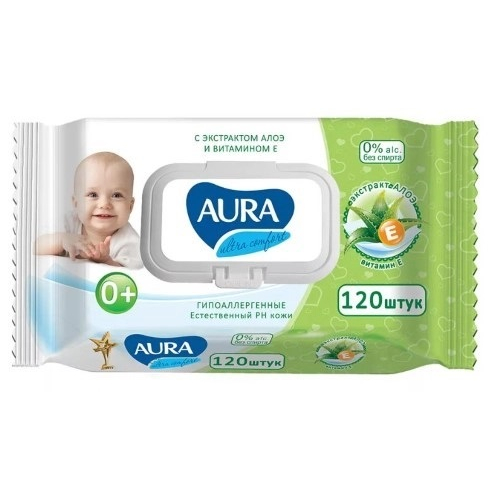Влажные салфетки для детей Aura с экстрактом алоэ и витамином E с крышкой, 120 шт Влажные салфетки для детей Aura с экстрактом алоэ и витамином E с крышкой, 120 шт