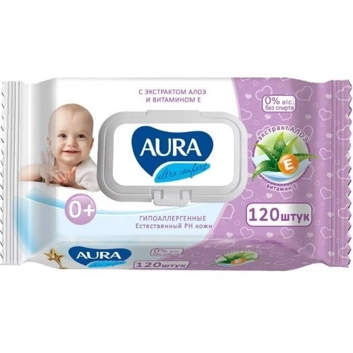Влажные салфетки для детей Aura с экстрактом алоэ и витамином E с крышкой, 120 шт Влажные салфетки для детей Aura с экстрактом алоэ и витамином E с крышкой, 120 шт