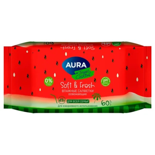 Влажные салфетки освежающие Aura (Аура) Tropic Cocktail, 60 шт Влажные салфетки освежающие Aura (Аура) Tropic Cocktail, 60 шт