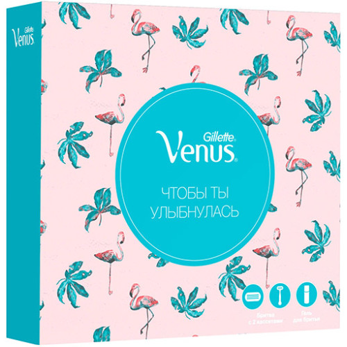 Подарочный набор Gillette Venus: бритвенный станок (ручка) + 2 кассеты + гель для бритья 75 мл