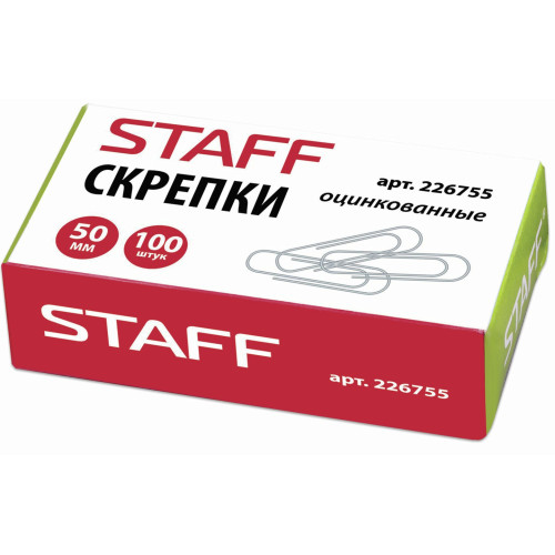 Скрепки STAFF оцинкованные, 50 мм, 100 шт