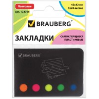 Закладки клейкие Brauberg (Брауберг), неоновые, пластиковые, в картонной книжке, 42х12 мм, 5 цветов, 20 листов