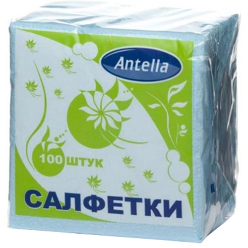 Салфетки бумажные Antella (Антелла), 1-слойные, цвет голубой, 24х24 см, 100 шт