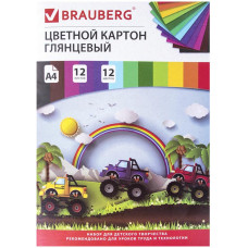 Картон цветной мелованный Brauberg (Брауберг) Гонки, А4, 200х290 мм, 12 листов, 12 цветов