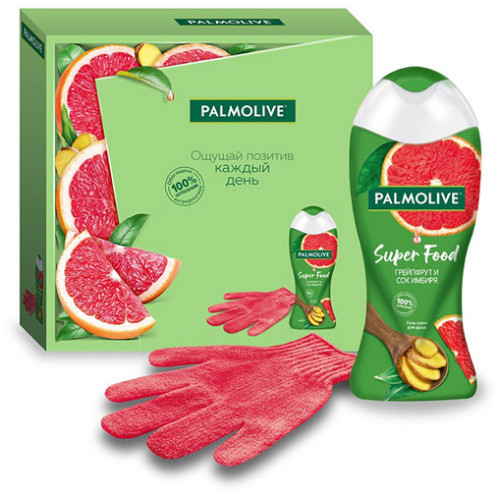 Подарочный набор Palmolive (Палмолив) Super Food: гель для душа Грейпфрут и сок имбиря 250 мл + перчатка