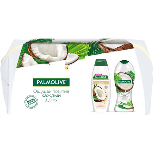 Подарочный набор Palmolive (Палмолив) Бережный уход Кокос: гель-крем для душа + шампунь для всех типов волос + косметичка