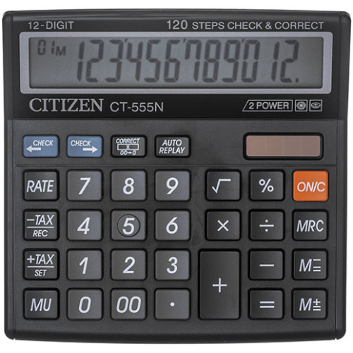 Калькулятор настольный малый Citizen CT-555N, 12 разрядов, двойное питание, 130x129 мм