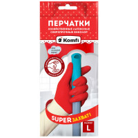 Перчатки хозяйственные латексные Сверхпрочные БИКОЛОР Komfi, размер L, белый + красный
