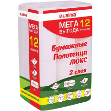 Полотенца бумажные 2-слойные LAIMA Люкс, MegaPack 12 рулонов по 15 метров