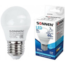Лампа светодиодная SONNEN 7 (60) Вт, цоколь E27, шар, нейтральный белый свет, 30000 ч