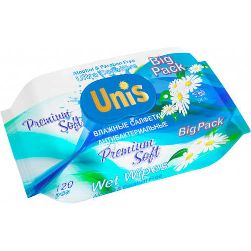 Влажные салфетки антибактериальные Unis с ромашкой для всей семьи, 120 шт Влажные салфетки антибактериальные Unis с ромашкой для всей семьи, 120 шт