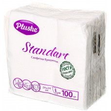 Салфетки бумажные Plushe Standart белые 1 cл, 100 л, 24*24 см
