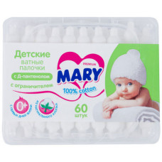 Ватные палочки детские Mary (Мэри) с Д-пантенолом с ограничителем, квадратная упаковка, 60 шт