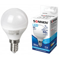 Лампа светодиодная SONNEN, 7 (60) Вт, цоколь Е14, шар, холодный белый свет, 30000 ч, LED G45-7W-4000-E14