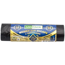 Мешки для мусора с завязками ПНД MirPack (МирПак) Vip, черные, 60 л, 15 мкм, 10 шт