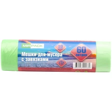 Мешки для мусора с завязками ПНД MirPack (МирПак) Vip, зеленые, 60 л, 15 мкм, 10 шт