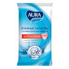 Влажные салфетки антибактериальные Aura (Аура) для всей семьи, 15 шт