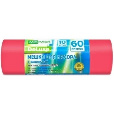 Мешки для мусора с завязками ПВД MirPack (МирПак) Deluxe, Красные, 60 л, 35 мкм, 10 шт